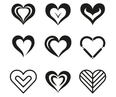 Kalp koleksiyonu, kalp şekilleri soyut, aşk ikonları, aşk karalaması vektör illüstrasyonu