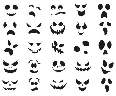 Korku ve korkunç yüz koleksiyonu, komik yüz ifadeleri vektör illüstrasyonu