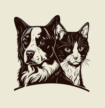 Kedi ve köpeğin siluetleri bir arada. Köpekli logo kedisi. Veteriner kliniği için logo, dükkan, kartpostal, web sitesi, poster. Tek renkli olsun. Biçimlendirilmiş biçim