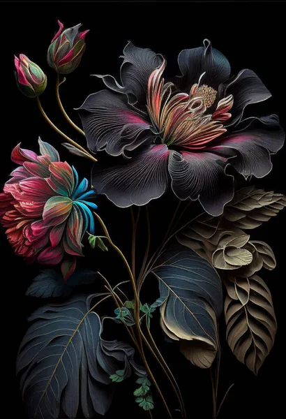 Büyük Çiçekler Çiz Siyah Arkaplan Çiçek Izi Yağla Boyanmış Büyük — Stok fotoğraf
