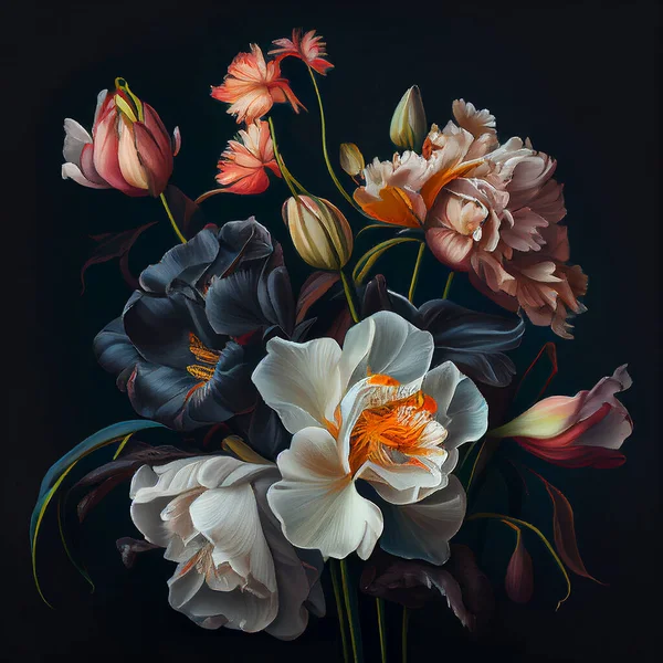Verf Grote Bloemen Zwarte Achtergrond Bloemenprint Grote Bloem Boeket Hand — Stockfoto