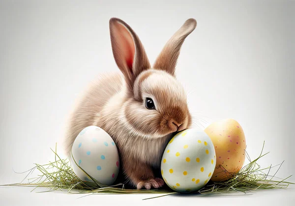 可爱的复活节兔子坐在草地上 彩蛋五彩斑斓 复活节彩色明信片 — 图库照片#
