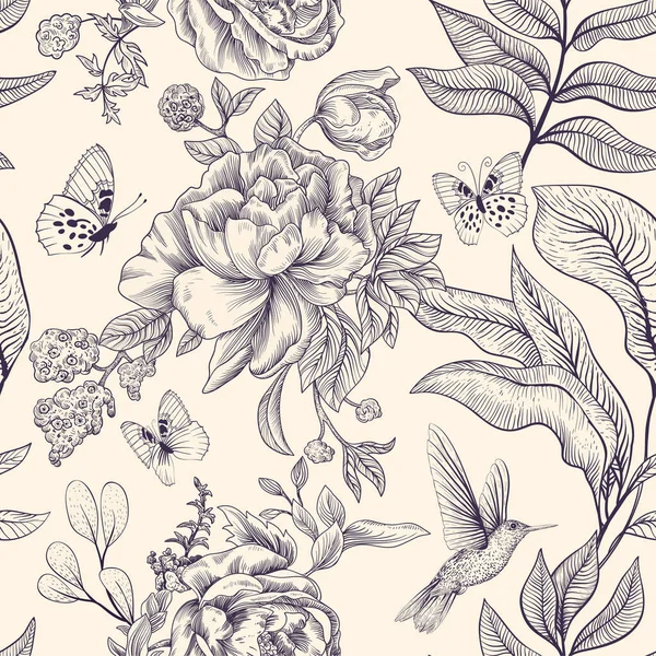Çiçekli Kusursuz Monokrom Deseni Duvar Kağıdı Eskiz Tırmanış Çiçekleriyle Dolu — Stok Vektör