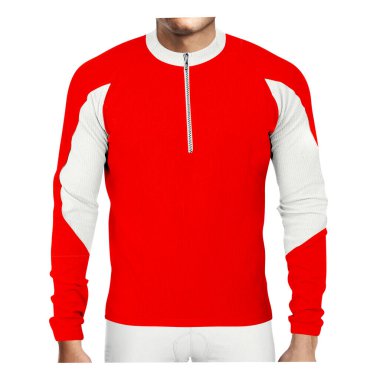 Use this Front View Awesome Man Longsleeve Jersey Mockup In Fusion Red Color, to make your design is displayed as effectively and more beautiful