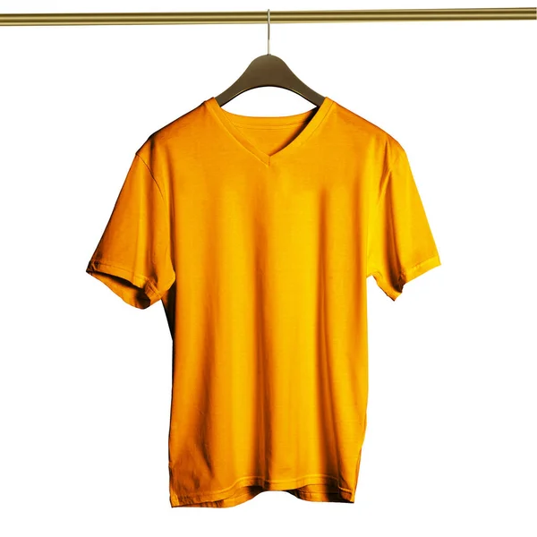 这个高分辨率的豪华V领结T恤在火焰橙色的Hanger Mockup将使您的设计工作作为一个照片现实的结果在短短几分钟内 — 图库照片