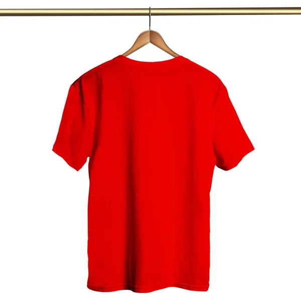 将你惊人的设计或标志添加到这个后视镜经典T恤的Hanger Mockup在帝国红色的Hanger上 一切都会做的 — 图库照片