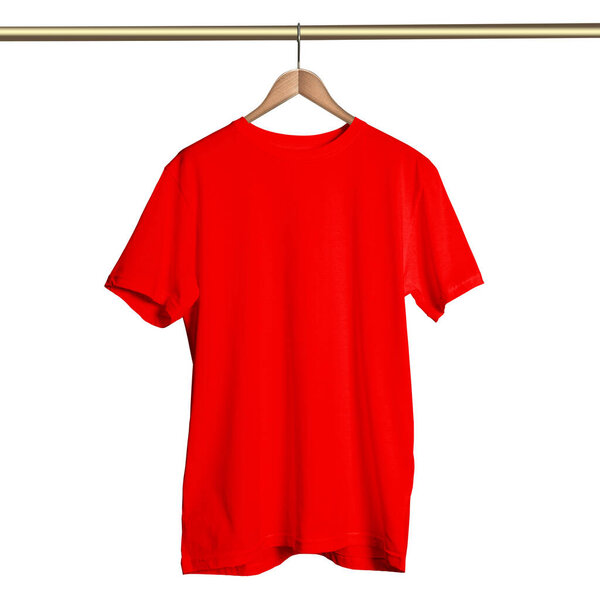 By using this Front View Classical T Shirt on Hanger Mockup In Empire Red Color On Hanger, give your artwork a boost