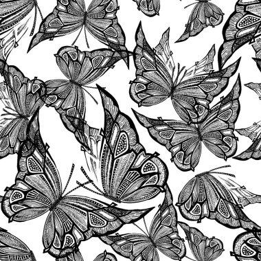 Uçan kelebeklerle kusursuz ışık deseni, el çizimi vektör arkaplan