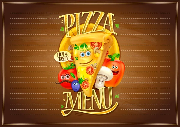 漫画のキャラクターとピザメニューリスト 面白いピザスライスと野菜 テキストベクトルイラストのための空のスペース — ストックベクタ
