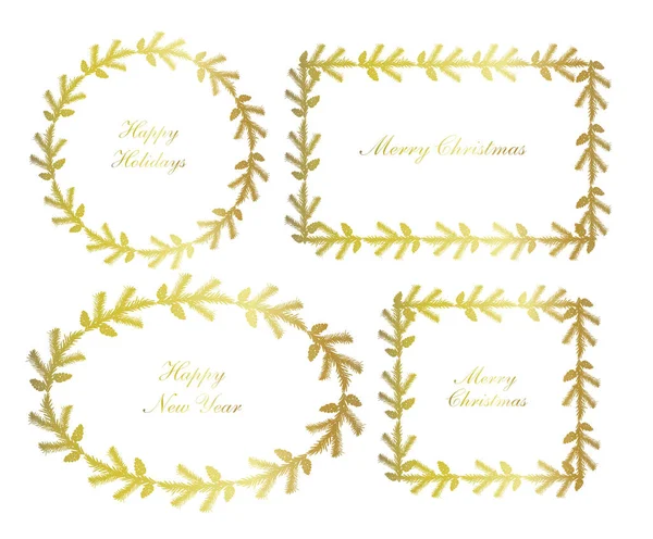Conjunto Molduras Douradas Sortidas Grinalda Abeto Natal Ilustração Colorida Dourada —  Vetores de Stock