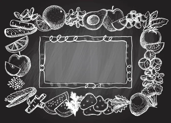 様々な野菜や果物と黒板フレーム 空のスペースチョークメニューグラフィックベクトルテンプレート — ストックベクタ