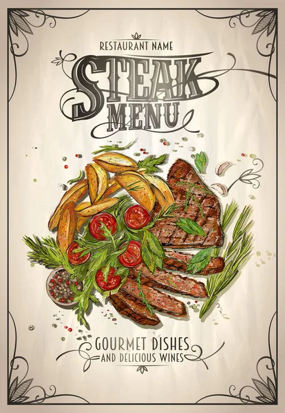 Steak Menu Vector Design Template Hand Drawn Sketch Style Illustration — Stock Vector