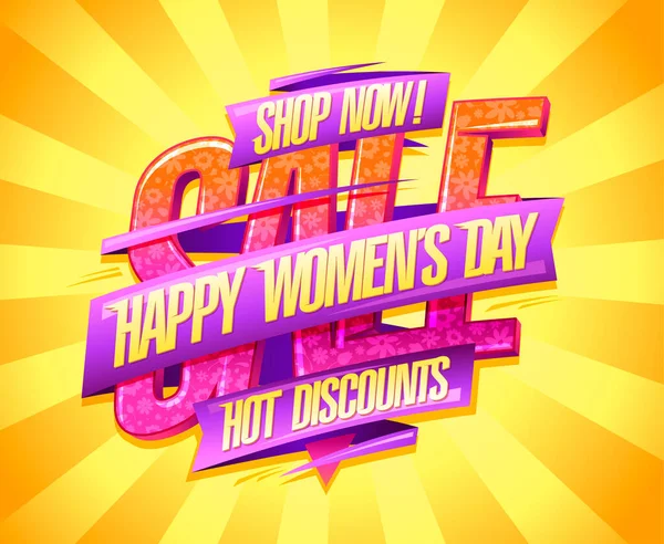 Happy Women Day Sale Hot Discounts Vector Poster Web Banner — Stock Vector