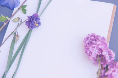 Floral background mockup with white empty space paper list and violet backdrop