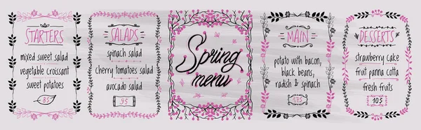 Menù Primavera Set Board Antipasti Insalate Principali Dessert Illustrazione Vettoriale — Vettoriale Stock