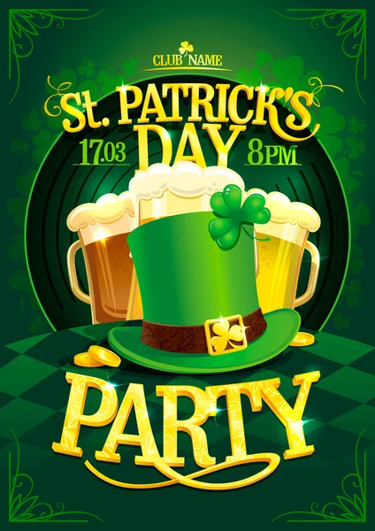 Patrick Day Party Poster Vector Template Green Hat Beer Mugs — Stock Vector