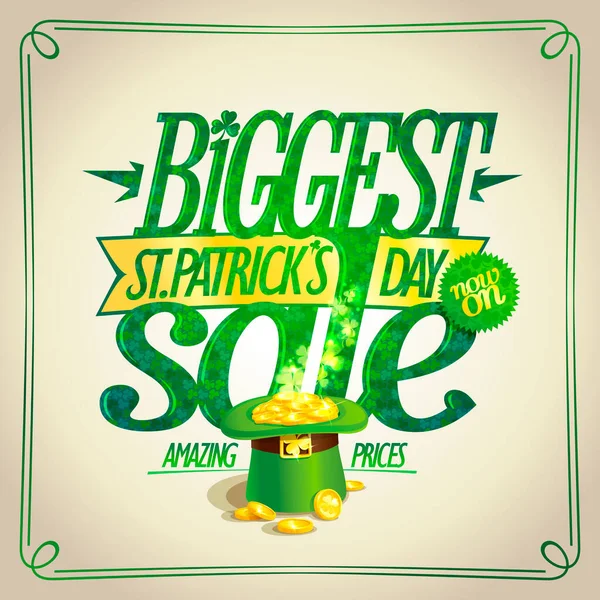 Patrick Day Sale Vector Banner Green Leprechaun Hat Full Golden — Stok Vektör