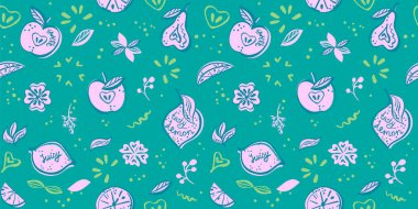 Fruit vegan seamless vector pattern, vibrant fantasy colors