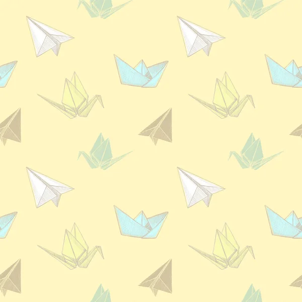 折り紙の書類作成折り紙平面 クレーンやボート 手描きのスケッチスタイルのグラフィックベクトルの背景とシームレスなパターン — ストックベクタ
