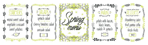 Frühlingskarte Vektorschablone Mit Vorspeisenmenü Salatmenü Hauptgerichten Und Desserts Handgezeichnete Illustration — Stockvektor