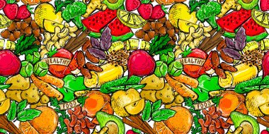 Meyve ve sebze vektörleri pürüzsüz desen, elle çizilmiş vegan çizim arka plan