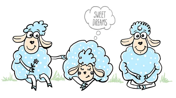 睡觉和坐着的绵羊 开着花的绵羊 卡通画病媒图解 — 图库矢量图片