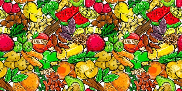 Meyve Sebze Vektörleri Pürüzsüz Desen Elle Çizilmiş Vegan Çizim Arka — Stok Vektör