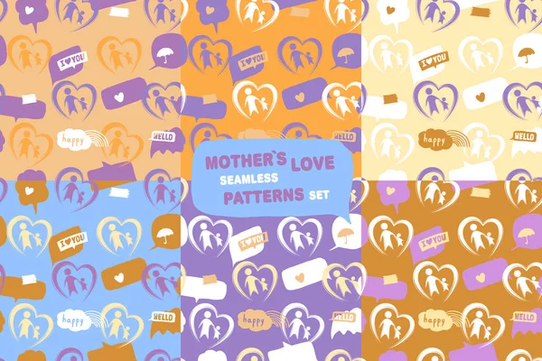 Mother Love Theme Seamless Patterns Set Hearts Parent Child Speech — Stock Vector