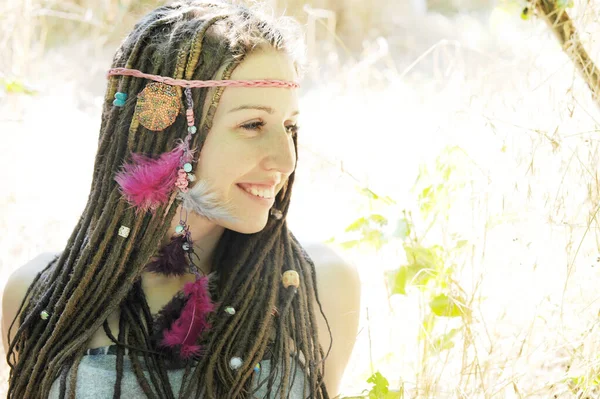 Happy Smiling Cute Teenage Dreadlocks Hairstyle Decorated Beads Feathers Enjoy — Stock Photo, Image