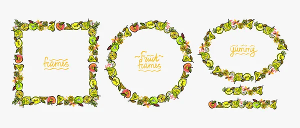 Meyve Çerçeveleri Meyve Fırçaları Seti Oval Yuvarlak Kare Kenarlı Vektör — Stok Vektör