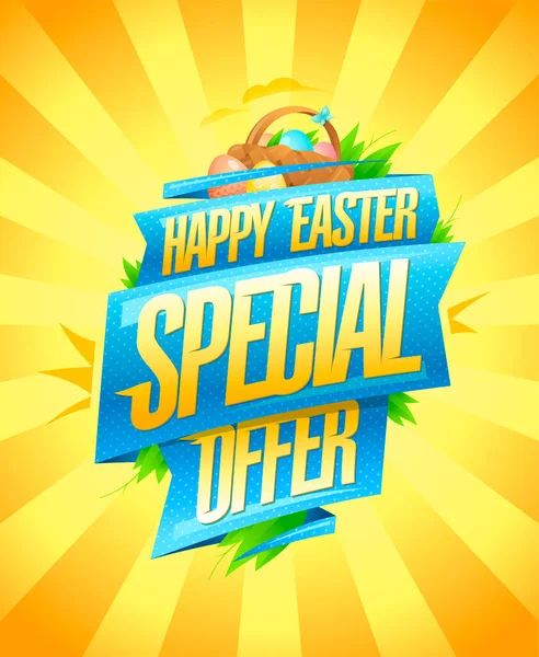 Veselé Velikonoce Speciální Nabídka Velikonoční Prodejní Vektorový Plakát Stuhami Košíkem — Stockový vektor