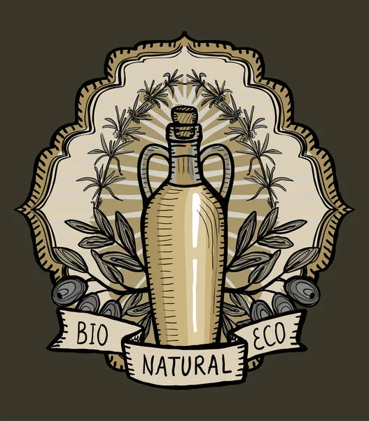 橄榄油标识 手工绘制的向量标识 用橄榄油瓶 橄榄束 迷迭香和丝带装饰 — 图库矢量图片