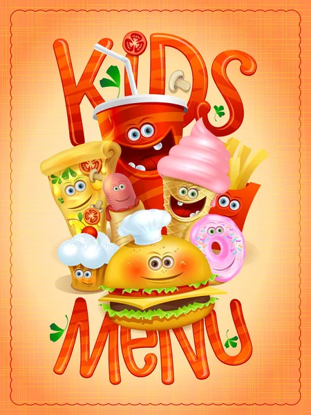 Kindermenükarte Mit Cartoon Figuren Eis Pizza Hot Dog Pommes Hamburger — Stockvektor