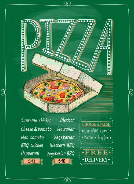 配送箱内附有披萨的比萨饼黑板菜单 手绘字母 — 图库矢量图片