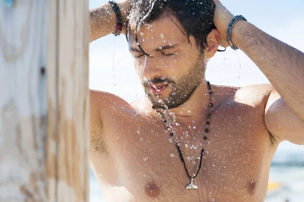 Handsome Man Taking Shower Sea Beach — Stock Photo, Image