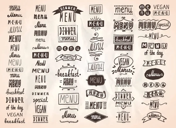 Menu Elements Titles Handwriting Lettering Menu Graphic Set Vintage Style — Stock Vector