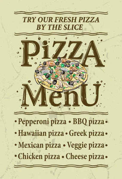 Lista Menú Pizza Con Pizza Entera Maqueta Vectorial Estilo Vintage — Archivo Imágenes Vectoriales