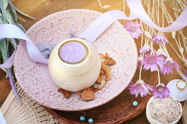 Aromatische Lavendel Kaars Spa Poster Met Verse Bloemen Lint — Stockfoto