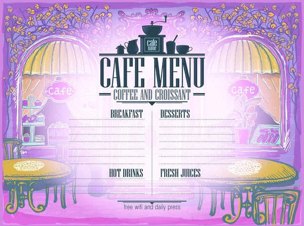 咖啡馆菜单列表模板与老式风格的图形插图旧式街边咖啡馆和文字位置 — 图库矢量图片