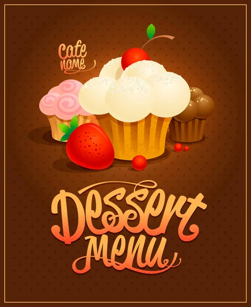 甜点菜单覆盖向量设计模板与纸杯蛋糕 蛋糕和浆果插图 — 图库矢量图片