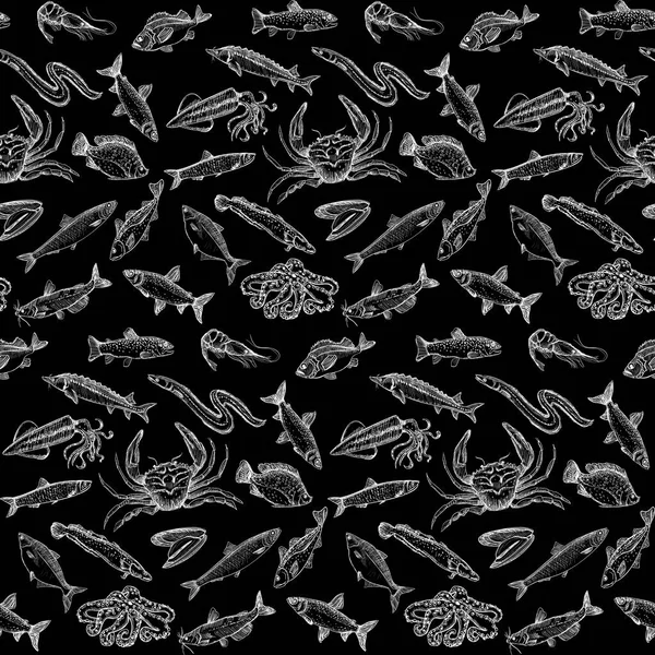 Marine Life Grafik Nahtlose Muster Mit Fisch Und Meeresfrüchten Vektorskizze — Stockvektor