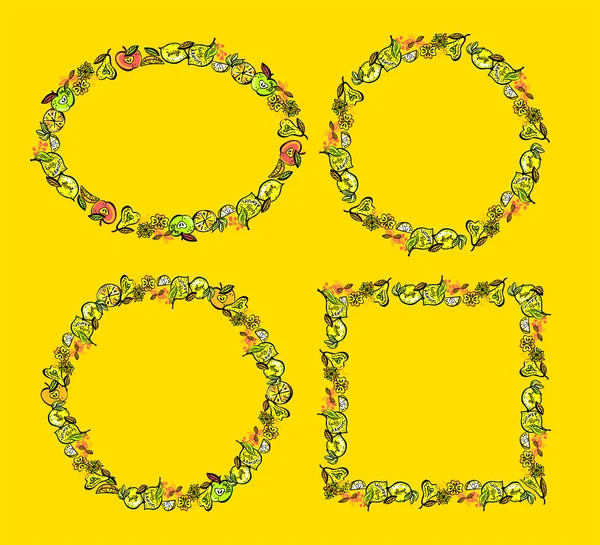果実のフレームセット 楕円形のベクトルグラフィックイラスト ラウンドと明るい黄色の背景にベジタリアン料理のための正方形の境界線 — ストックベクタ