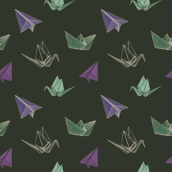 Бесшовный Дизайн Шаблона Иллюстрацией Плоскости Оригами Крана Лодки Векторный Ручной — стоковый вектор
