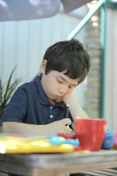 Child Boy His Homework Backyard Outdoor — Stock Photo, Image