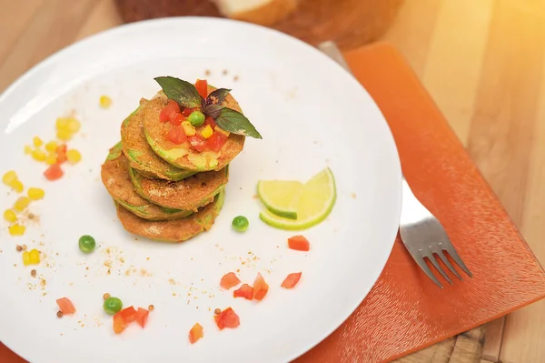 Vegetable Zucchini Fritters Served Plate Outdoor Cafe — Stock Photo, Image