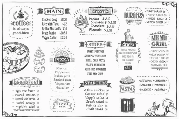 Plantilla Diseño Tablero Menú Vectorial Para Cafetería Restaurante Entrantes Principales — Archivo Imágenes Vectoriales