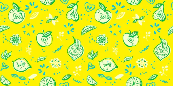 果物とビーガンスタイルシームレスベクトルパターン 鮮やかな黄色の背景 — ストックベクタ