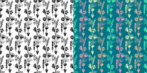 Floral Seamless Patterns Set Doodle Style Hand Drawn Vector Art — Stock Vector