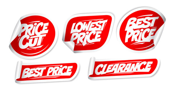 Снижение цен, низкая цена, лучшая цена, клиренс - векторные наклейки устанавливают макеты