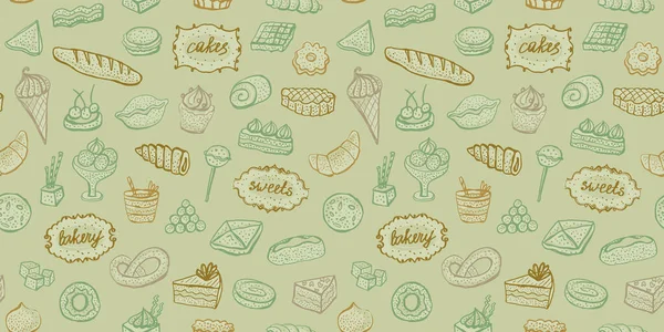デザートや焼き菓子のグラフィックシンボル 手描きベクトル背景 ヴィンテージスタイルでシームレスなパターン — ストックベクタ